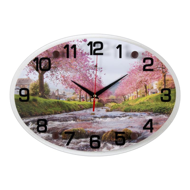 Часы настенные овал 25х35см Река при цветении сакуры /Рубин (10шт) - 2434-111x xx