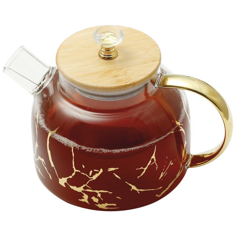 Чайник заварочный 1000мл боросиликатное стекло с декором п/золото, крышка бамбук (24шт) - Z-4460xx x