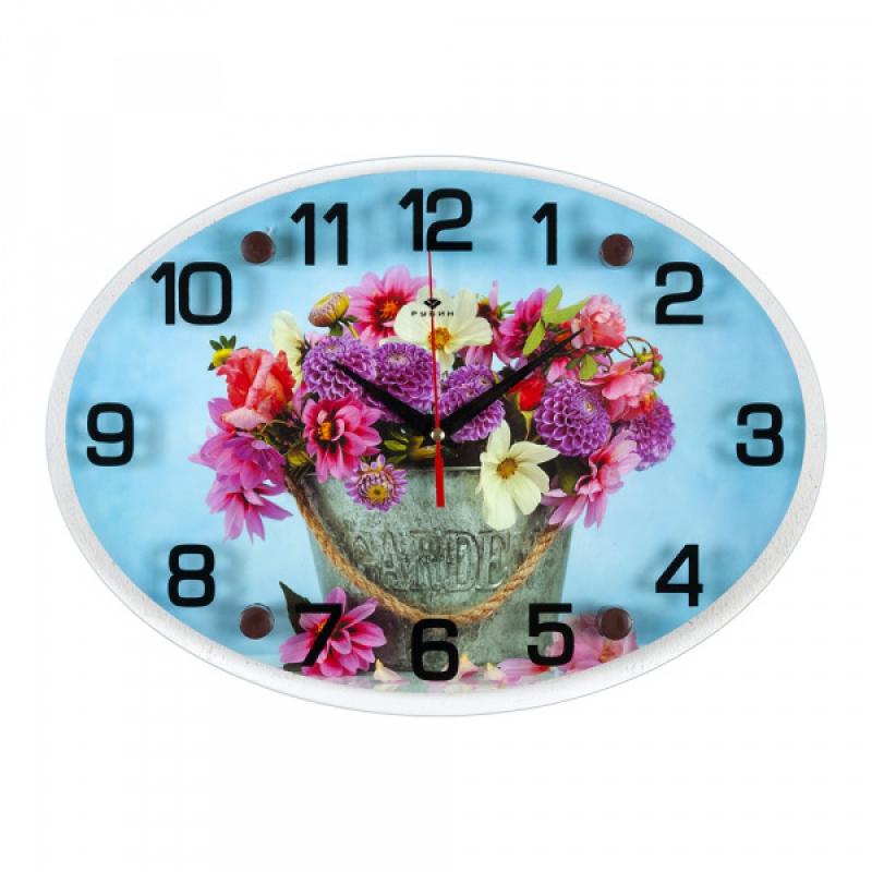 Часы настенные овал 25х35см Цветы в ведерке /Рубин (10шт) - 2434-967x xx