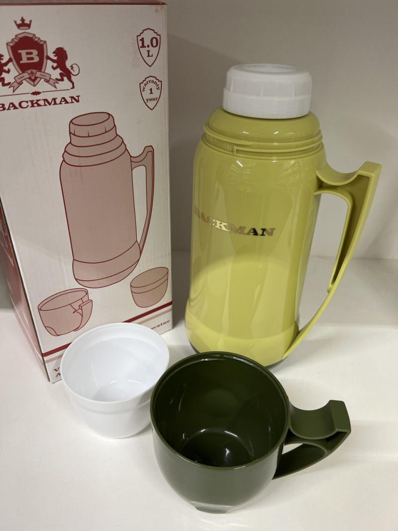 Термос 1л пластик, стекл.колба, 2 чашки, зеленый (12шт) - BM-0901-01xx x